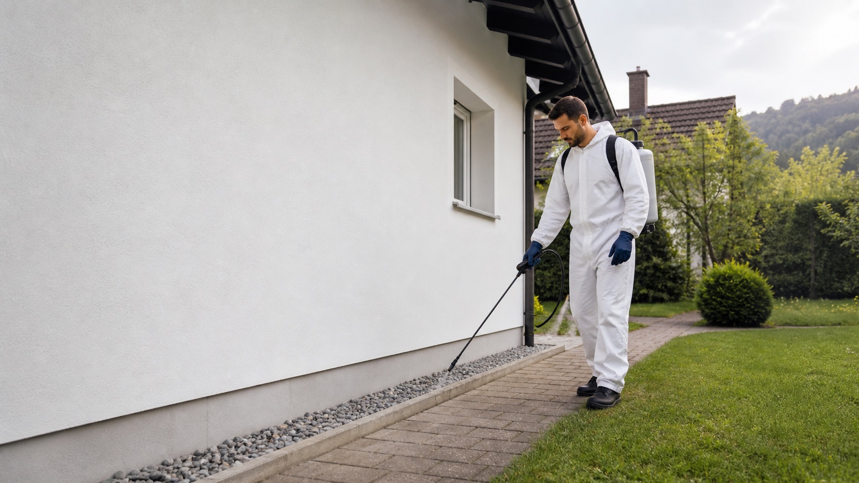 Un technicien en combinaison réalise un traitement antiparasitaire autour d'une maison